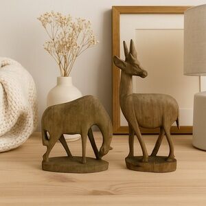 Vintage Hand-Carved Wooden Antelope Figurines – Set of 2